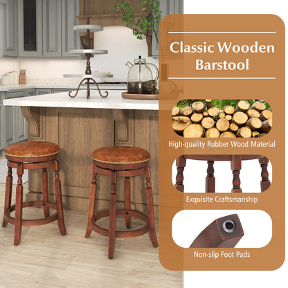 Set of 2 Upholstered Swivel Bar Stools with Rubber Wood Frame and Vintage Rivet Detailing - 24 inch