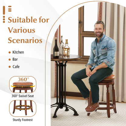 Set of 2 Upholstered Swivel Bar Stools with Rubber Wood Frame and Vintage Rivet Detailing - 24 inch