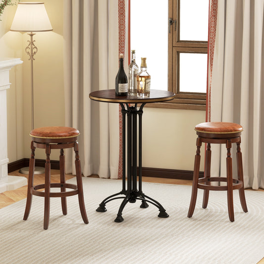 Set of 2 Upholstered Swivel Bar Stools with Rubber Wood Frame and Vintage Rivet Detailing - 29 Inch