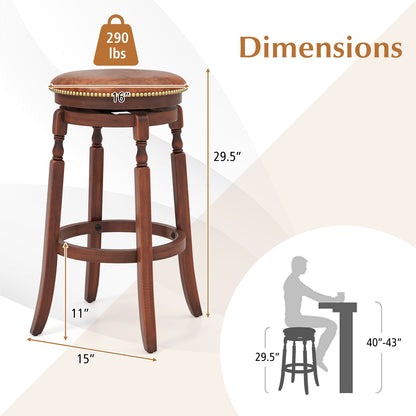 Set of 2 Upholstered Swivel Bar Stools with Rubber Wood Frame and Vintage Rivet Detailing - 29 Inch