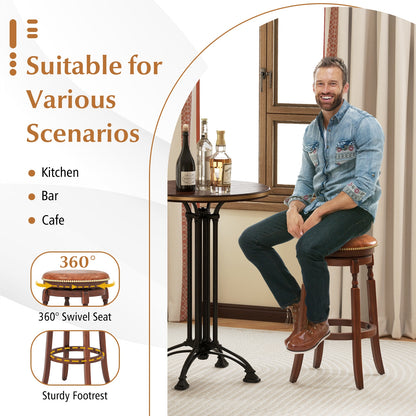 Set of 2 Upholstered Swivel Bar Stools with Rubber Wood Frame and Vintage Rivet Detailing - 29 Inch