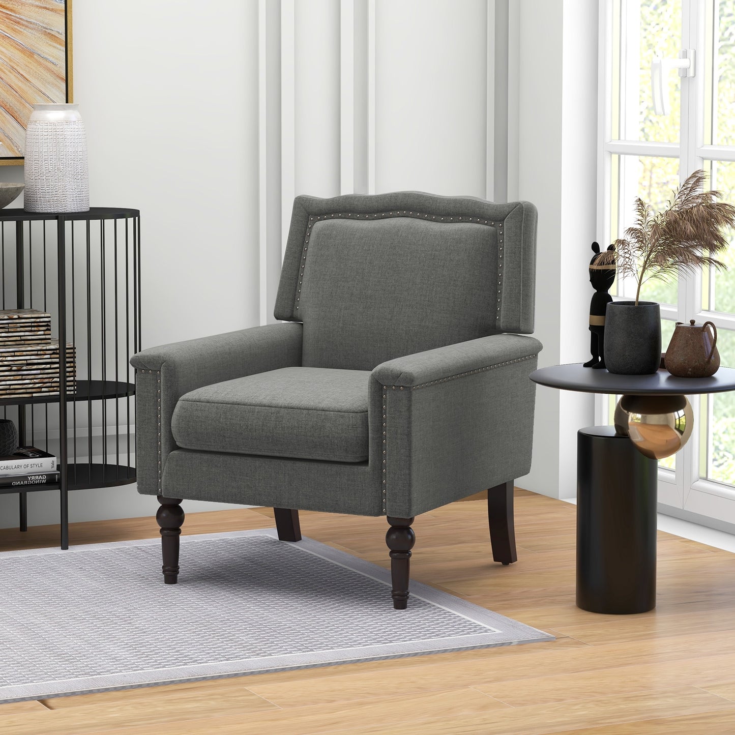 Comfortable Mid-Century Upholstered Armchair with Thick Cushion and Solid Wood Frame