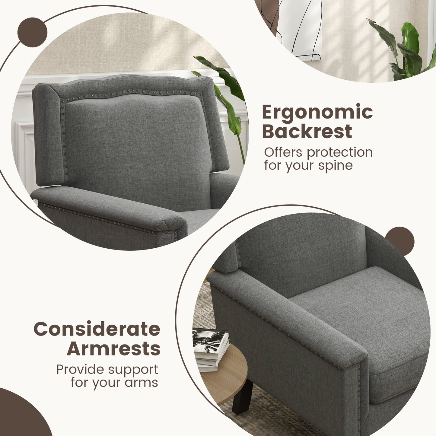 Comfortable Mid-Century Upholstered Armchair with Thick Cushion and Solid Wood Frame