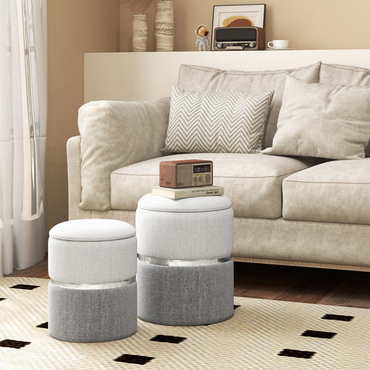 Stackable Storage Ottoman Set of 2 with Removable Lids and Hidden Compartments Linen Grey