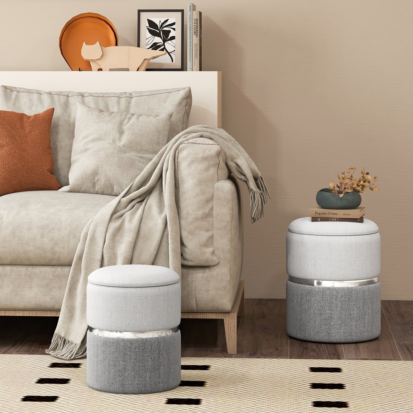 Stackable Storage Ottoman Set of 2 with Removable Lids and Hidden Compartments Linen Grey