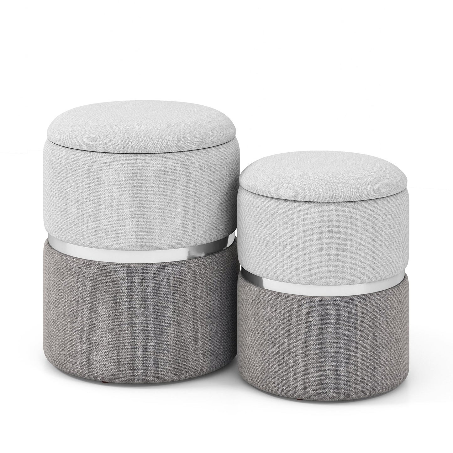 Stackable Storage Ottoman Set of 2 with Removable Lids and Hidden Compartments Linen Grey