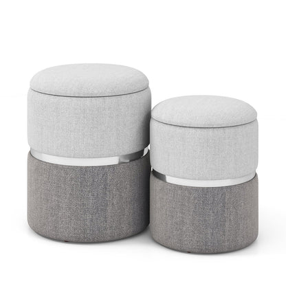 Stackable Storage Ottoman Set of 2 with Removable Lids and Hidden Compartments Linen Grey
