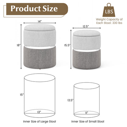 Stackable Storage Ottoman Set of 2 with Removable Lids and Hidden Compartments Linen Grey