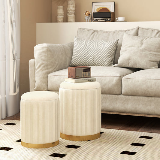 Stackable Storage Ottoman Set of 2 with Removable Lids and Hidden Compartments Velvet Beige