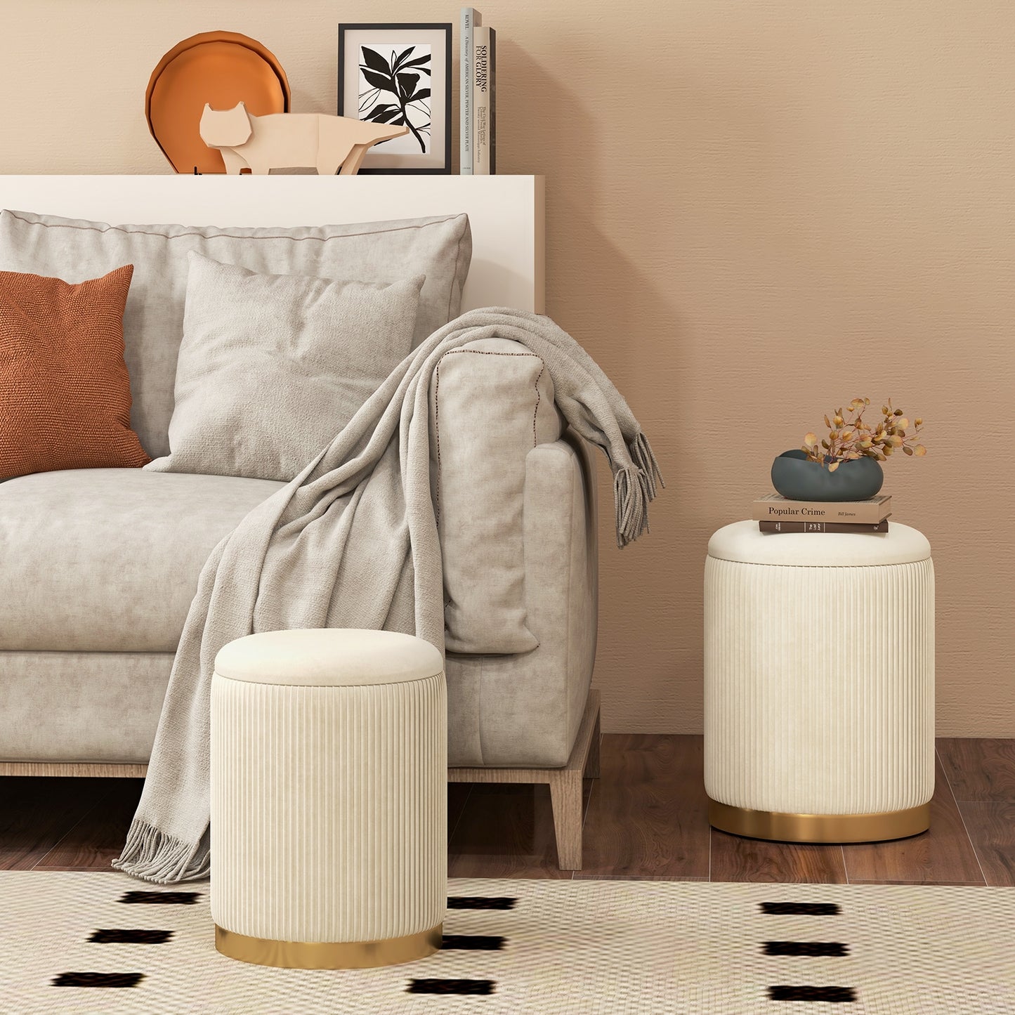 Stackable Storage Ottoman Set of 2 with Removable Lids and Hidden Compartments Velvet Beige