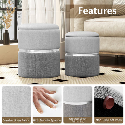 Stackable Storage Ottoman Set of 2 with Removable Lids and Hidden Compartments Linen Grey