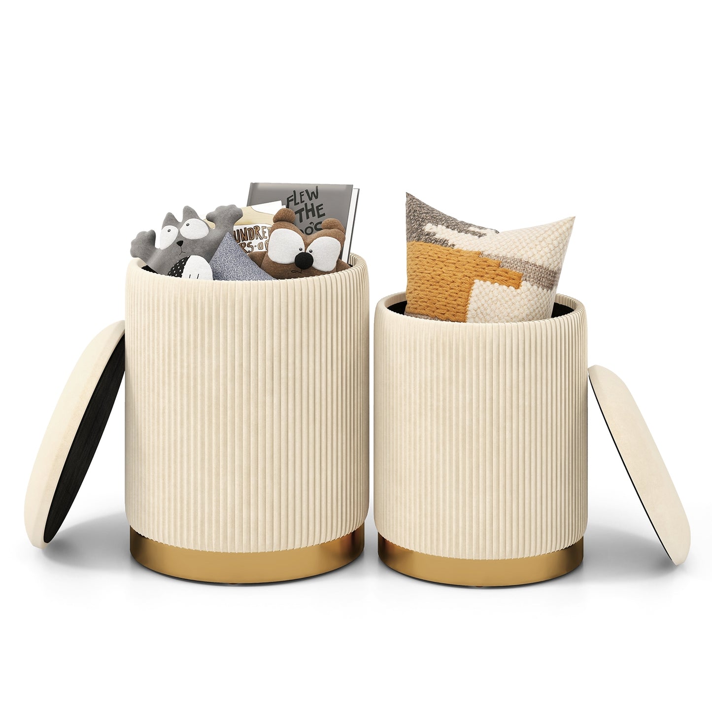 Stackable Storage Ottoman Set of 2 with Removable Lids and Hidden Compartments Velvet Beige