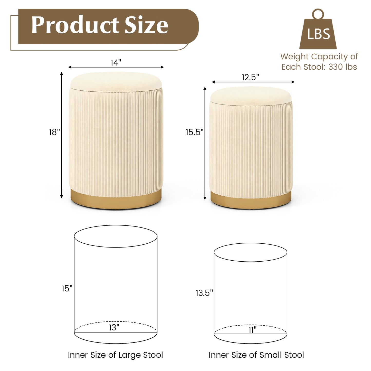 Stackable Storage Ottoman Set of 2 with Removable Lids and Hidden Compartments Velvet Beige