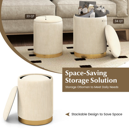 Stackable Storage Ottoman Set of 2 with Removable Lids and Hidden Compartments Velvet Beige