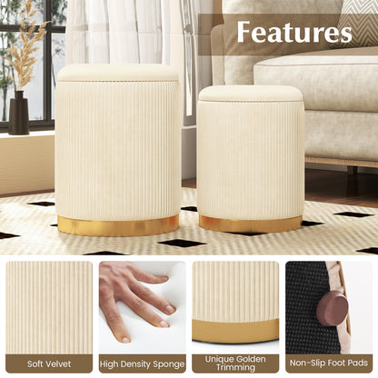 Stackable Storage Ottoman Set of 2 with Removable Lids and Hidden Compartments Velvet Beige