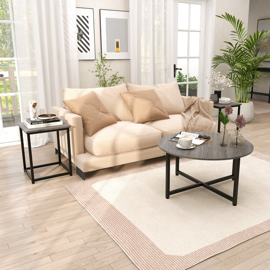 Modern 3-Piece Living Room Table Set with Round Coffee Table and Matching Square Side Tables - Grey & Black
