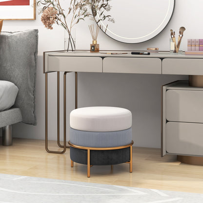 Round Upholstered Ottoman Stool with Linen Fabric and Non-Slip Base Gold Finish