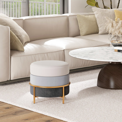 Round Upholstered Ottoman Stool with Linen Fabric and Non-Slip Base Gold Finish