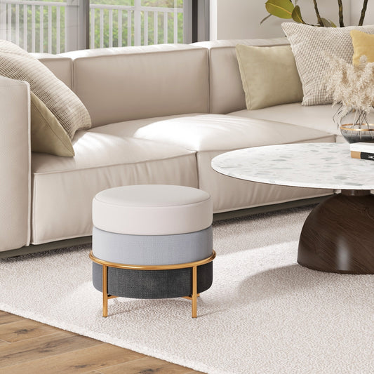 Round Upholstered Ottoman Stool with Linen Fabric and Non-Slip Base Gold Finish