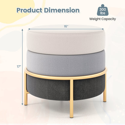 Round Upholstered Ottoman Stool with Linen Fabric and Non-Slip Base Gold Finish