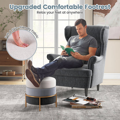 Round Upholstered Ottoman Stool with Linen Fabric and Non-Slip Base Gold Finish