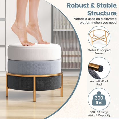 Round Upholstered Ottoman Stool with Linen Fabric and Non-Slip Base Gold Finish