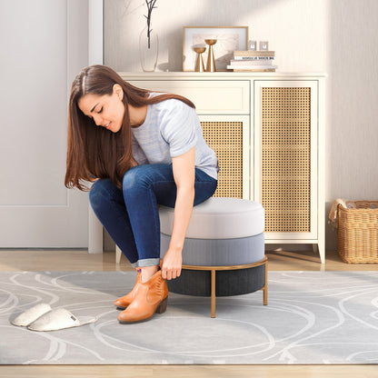 Round Upholstered Ottoman Stool with Linen Fabric and Non-Slip Base Gold Finish