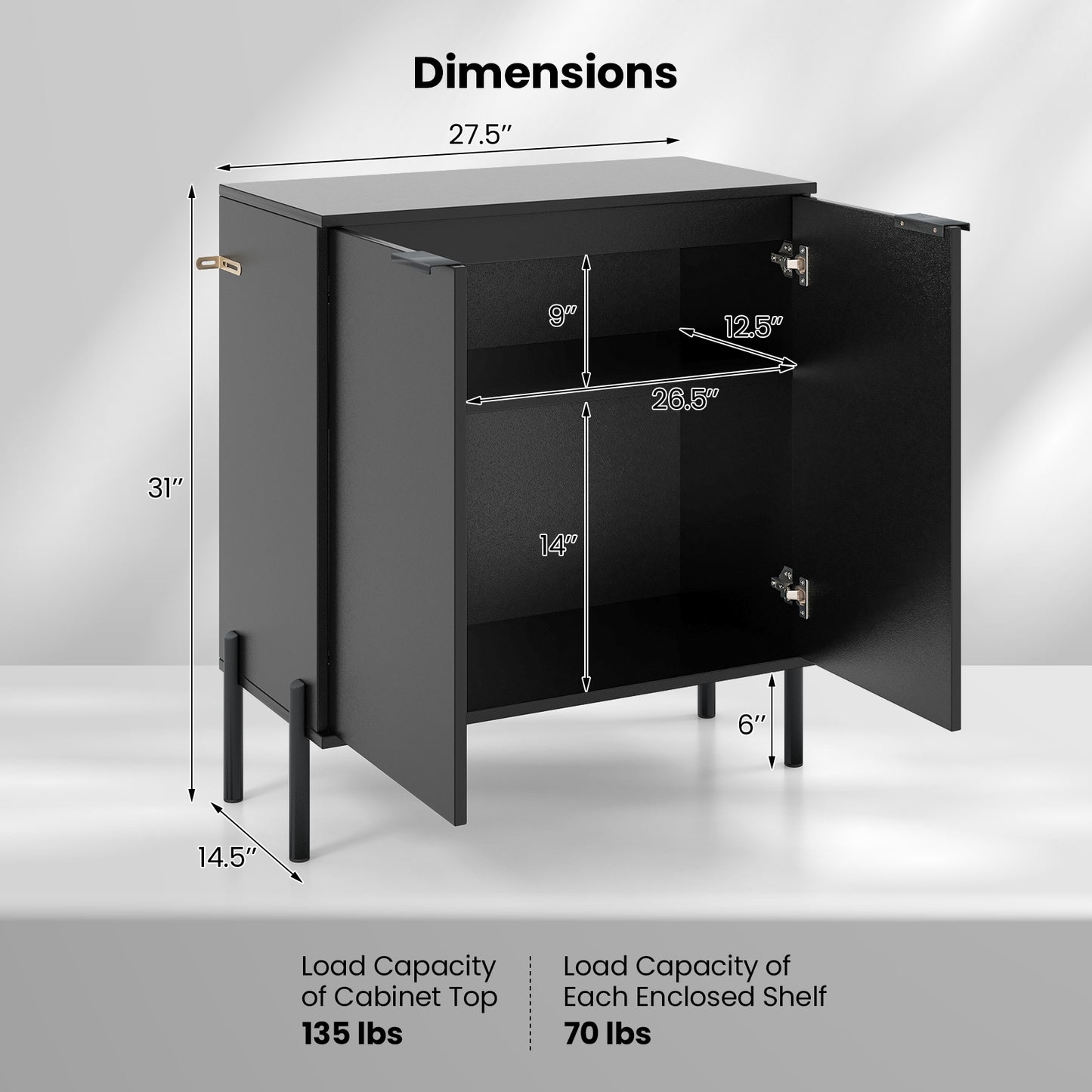 Modern 2-Door Buffet Sideboard with Adjustable Shelf and Metal Legs - Black