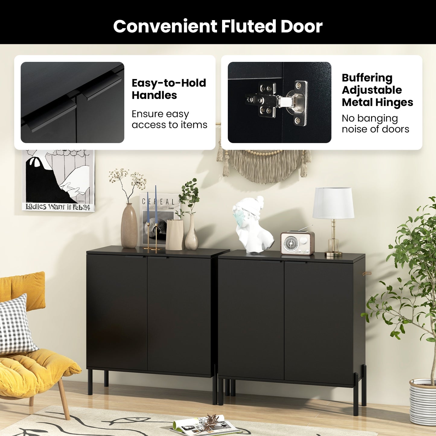 Modern 2-Door Buffet Sideboard with Adjustable Shelf and Metal Legs - Black
