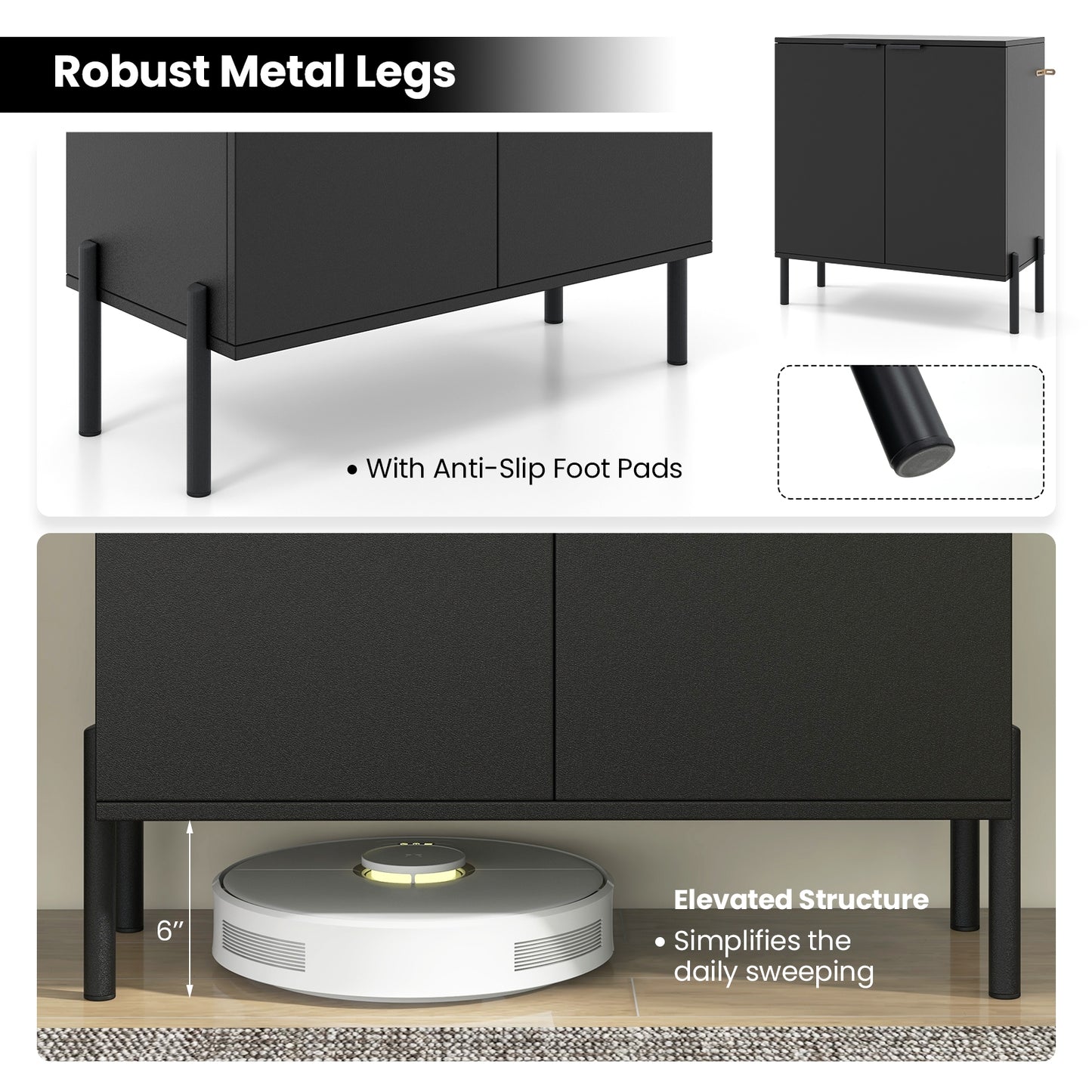 Modern 2-Door Buffet Sideboard with Adjustable Shelf and Metal Legs - Black