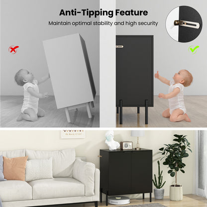 Modern 2-Door Buffet Sideboard with Adjustable Shelf and Metal Legs - Black