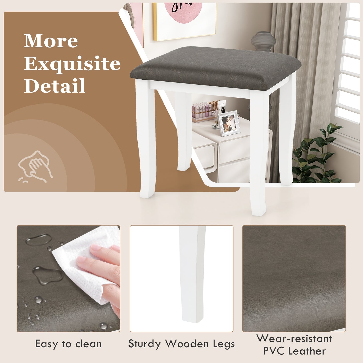 Set of 2 Faux Leather Vanity Stools with Cushioned Seats for Makeup Room and Living Room