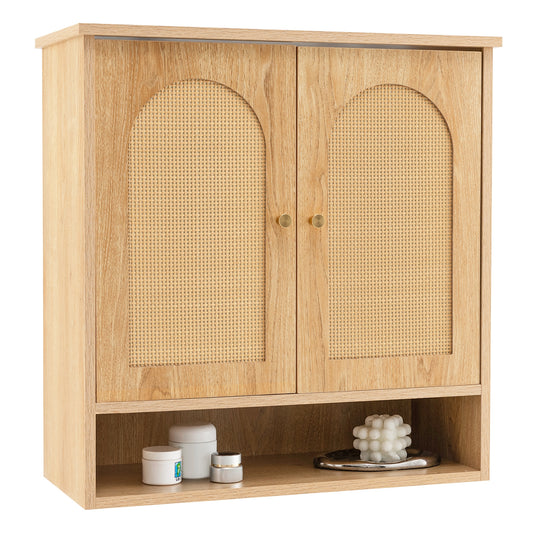 Wall-Mounted Medicine Cabinet with 2 Rattan Doors for Multi-Purpose Use