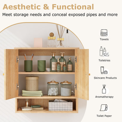 Wall-Mounted Medicine Cabinet with 2 Rattan Doors for Multi-Purpose Use