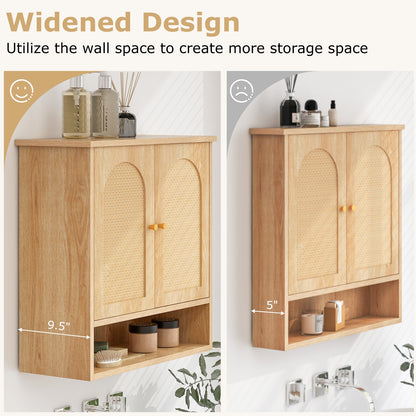 Wall-Mounted Medicine Cabinet with 2 Rattan Doors for Multi-Purpose Use