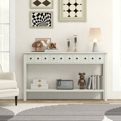 Spacious 60 Inch Sofa Table with 4 Drawers and Open Shelf for Living Room - White