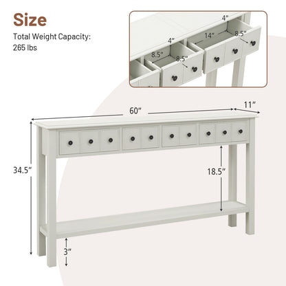 Spacious 60 Inch Sofa Table with 4 Drawers and Open Shelf for Living Room - White