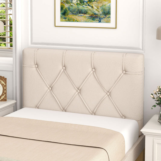 Beige Upholstered Twin Bed Headboard with Adjustable Height and Button Tufted Design