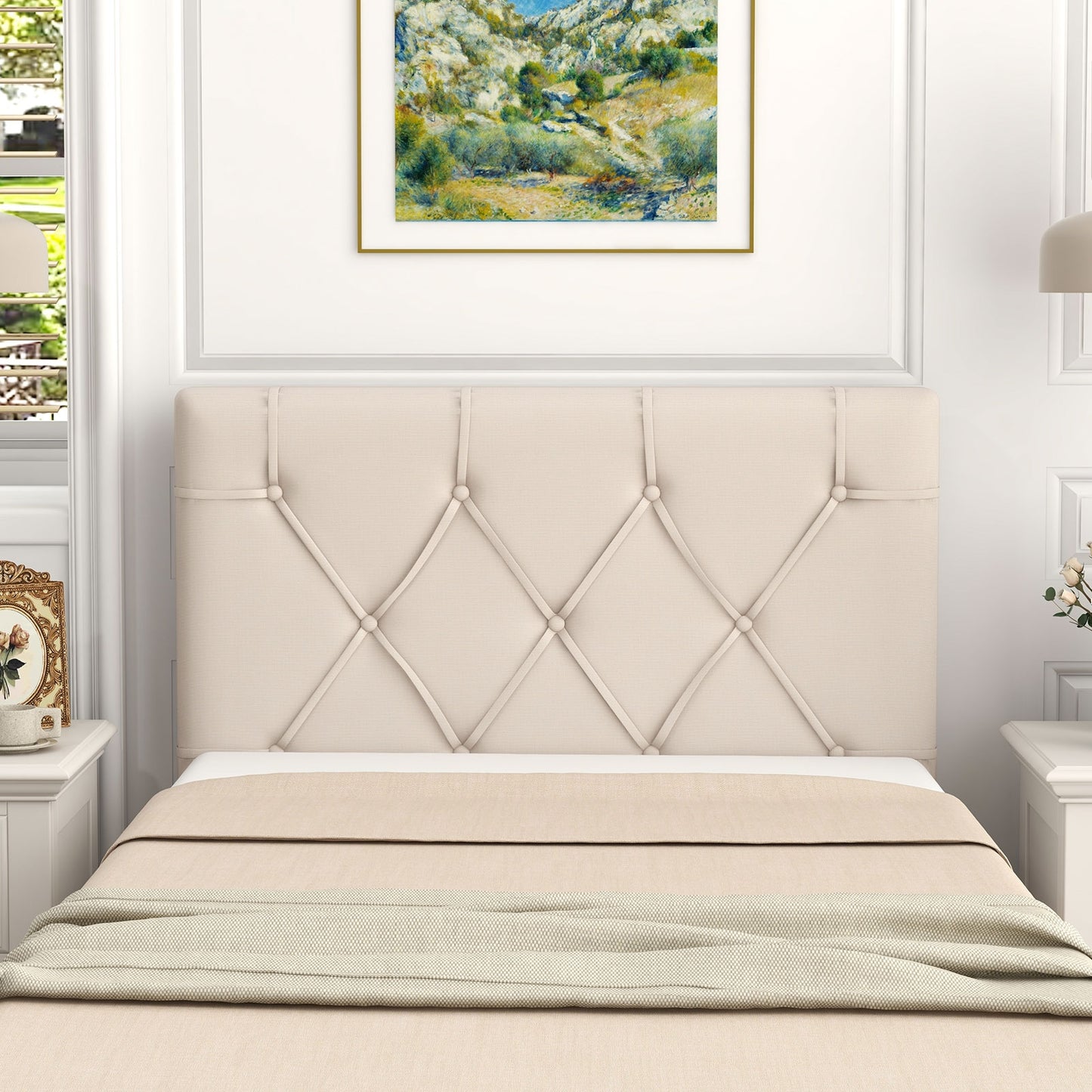 Beige Upholstered Twin Bed Headboard with Adjustable Height and Button Tufted Design