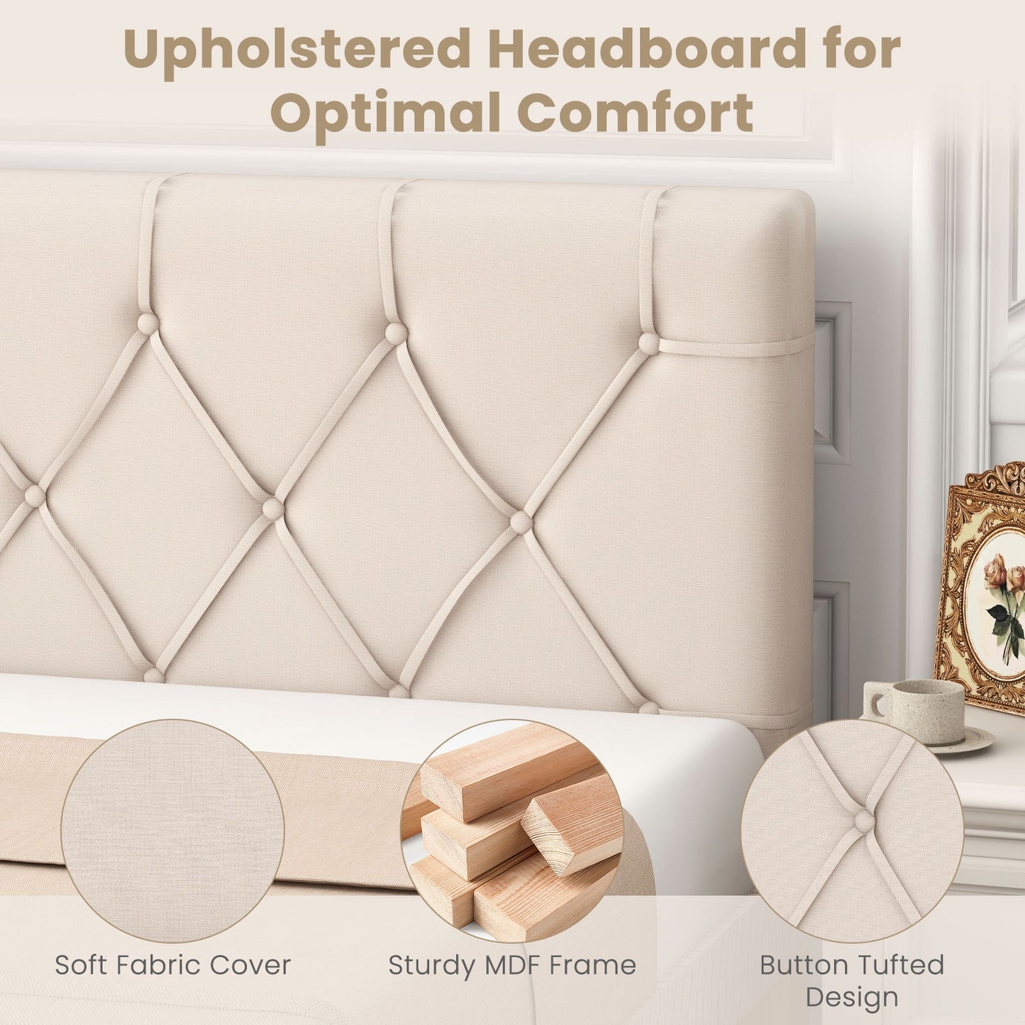 Beige Upholstered Twin Bed Headboard with Adjustable Height and Button Tufted Design
