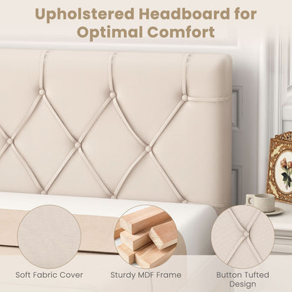 Beige Upholstered Twin Bed Headboard with Adjustable Height and Button Tufted Design