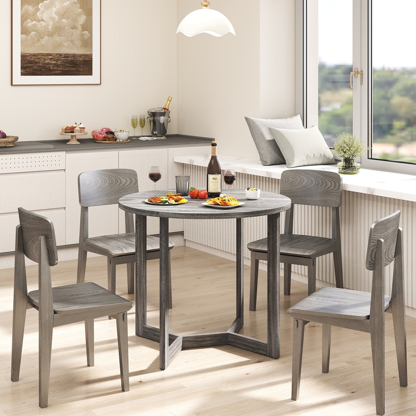 Elegant 36 Round Wood Dining Table for 2 to 4 with Unique Wing Pedestal Base in Black