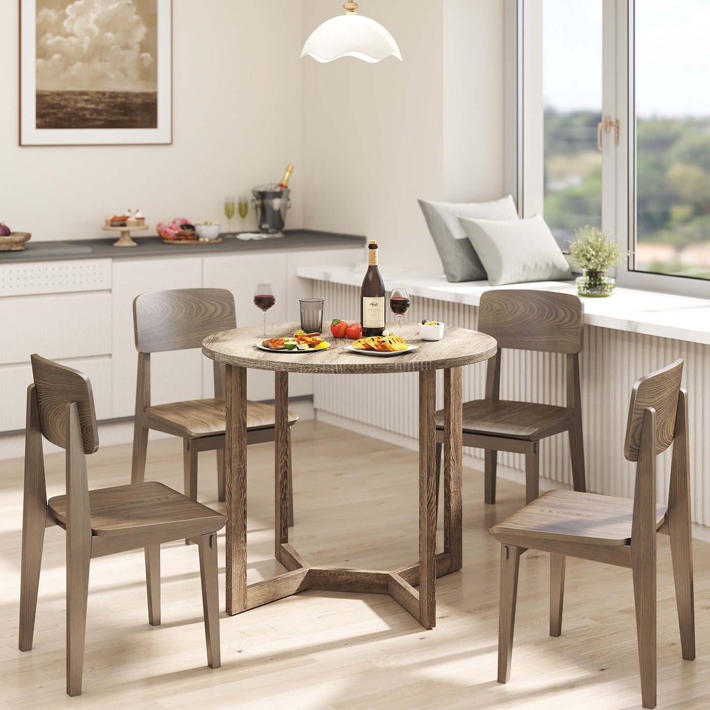 Elegant 36 Round Wood Dining Table for 2 to 4 with Unique Wing Pedestal Base in Grey