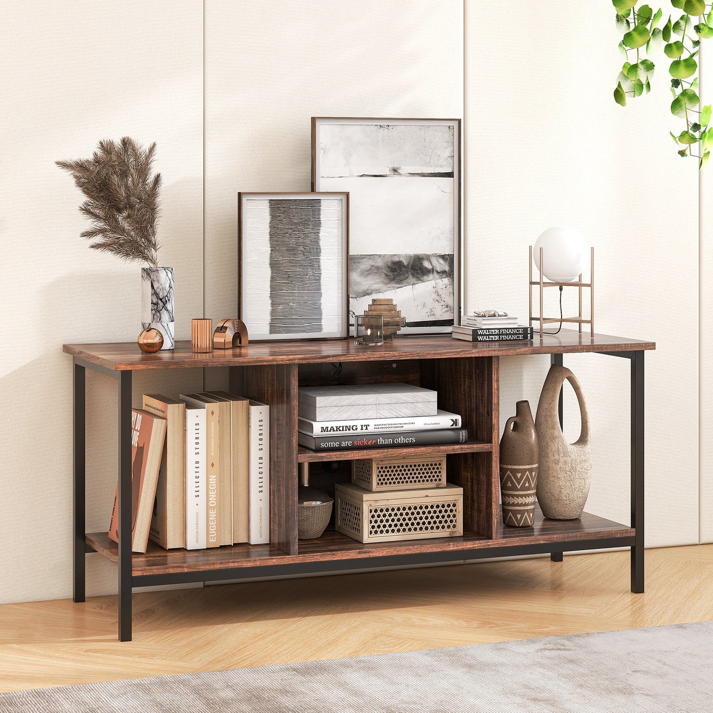 Industrial TV Stand with Power Outlets and Open Storage for TVs up to 50 Inches