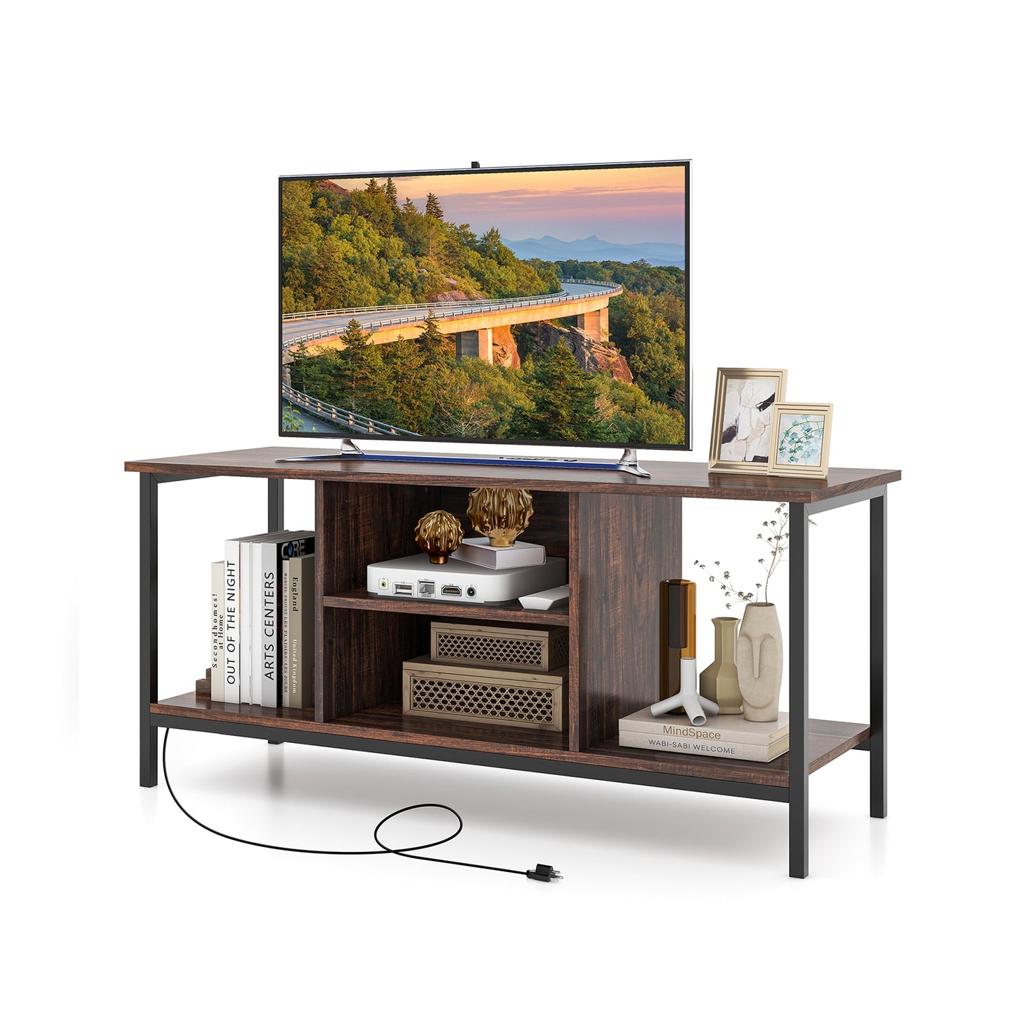 Industrial TV Stand with Power Outlets and Open Storage for TVs up to 50 Inches