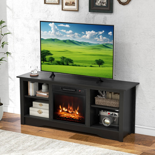 Entertainment Center with Adjustable Shelves for 65 Inch TVs and 18 Inch Fireplace Space - Black