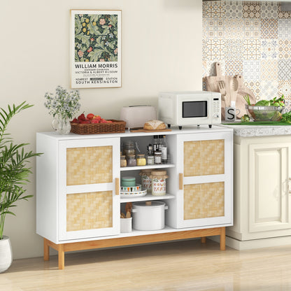 48 Inch Modern Buffet Sideboard with Bamboo Woven Doors and Open Shelves for Kitchen or Living Room Storage