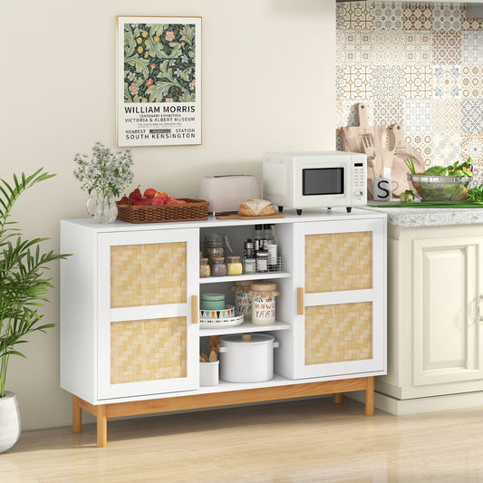 48 Inch Modern Buffet Sideboard with Bamboo Woven Doors and Open Shelves for Kitchen or Living Room Storage