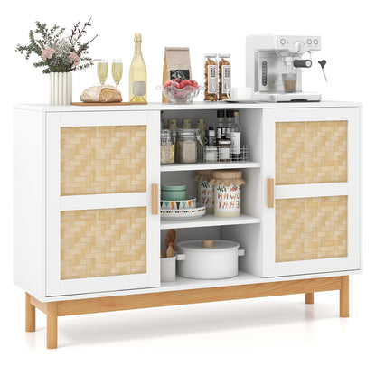 48 Inch Modern Buffet Sideboard with Bamboo Woven Doors and Open Shelves for Kitchen or Living Room Storage