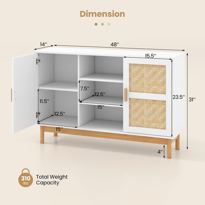 48 Inch Modern Buffet Sideboard with Bamboo Woven Doors and Open Shelves for Kitchen or Living Room Storage